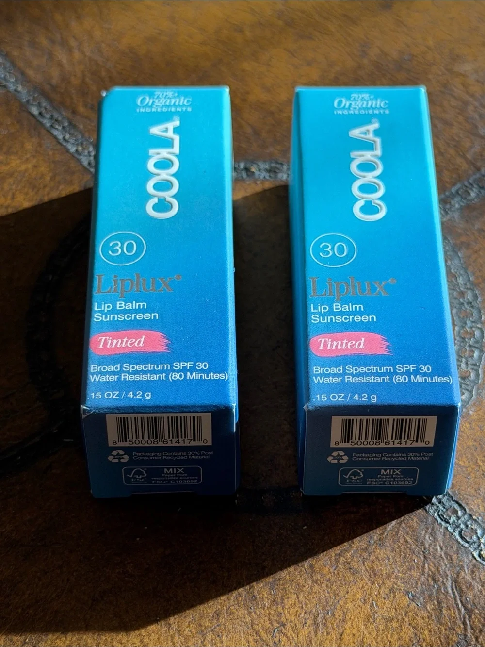 NEW IN BOX 2 TINTED COOLA ORGANIC LIPLUX LIP BALM SUNSCREEN SPF 30 WATERPROOF
